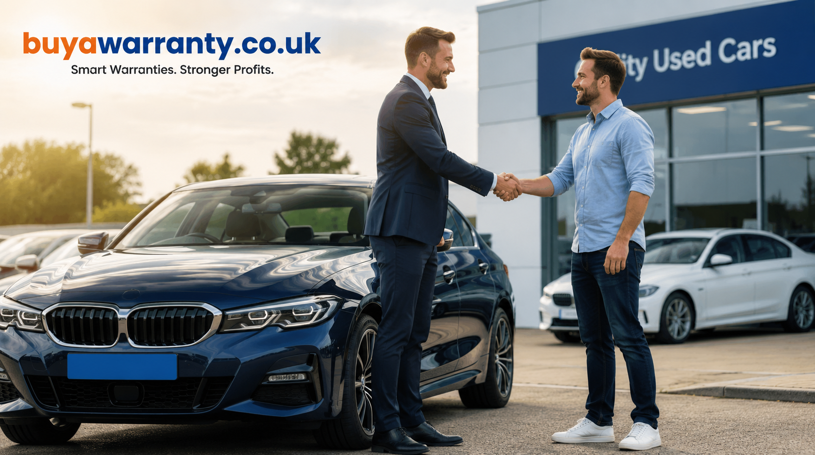 UK car dealer shaking hands with customer beside used car with glowing digital warranty shield protection