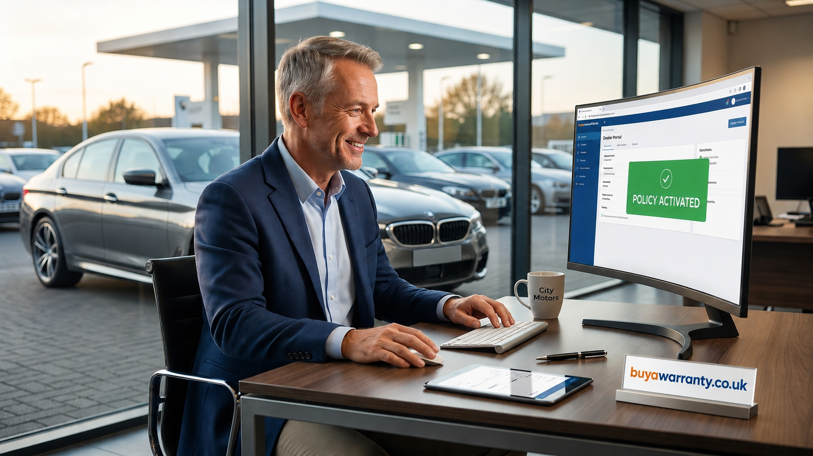 Dealer staff using warranty claims portal in UK dealership office